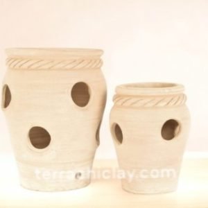 Range of Terracotta Pots 36 Two Strawberry jars on a wooden slab.