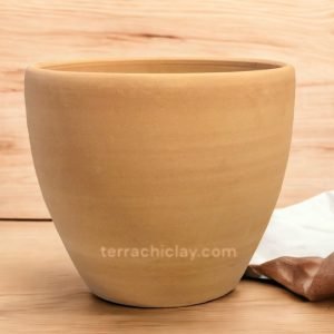 clay planter on wooden floor.