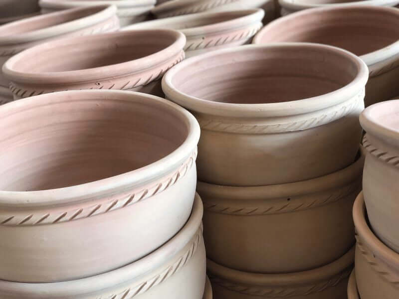 Home 4 Bisque-fired terracotta pots with decorative ring handles and Greek key patterns - premium pottery manufacturer